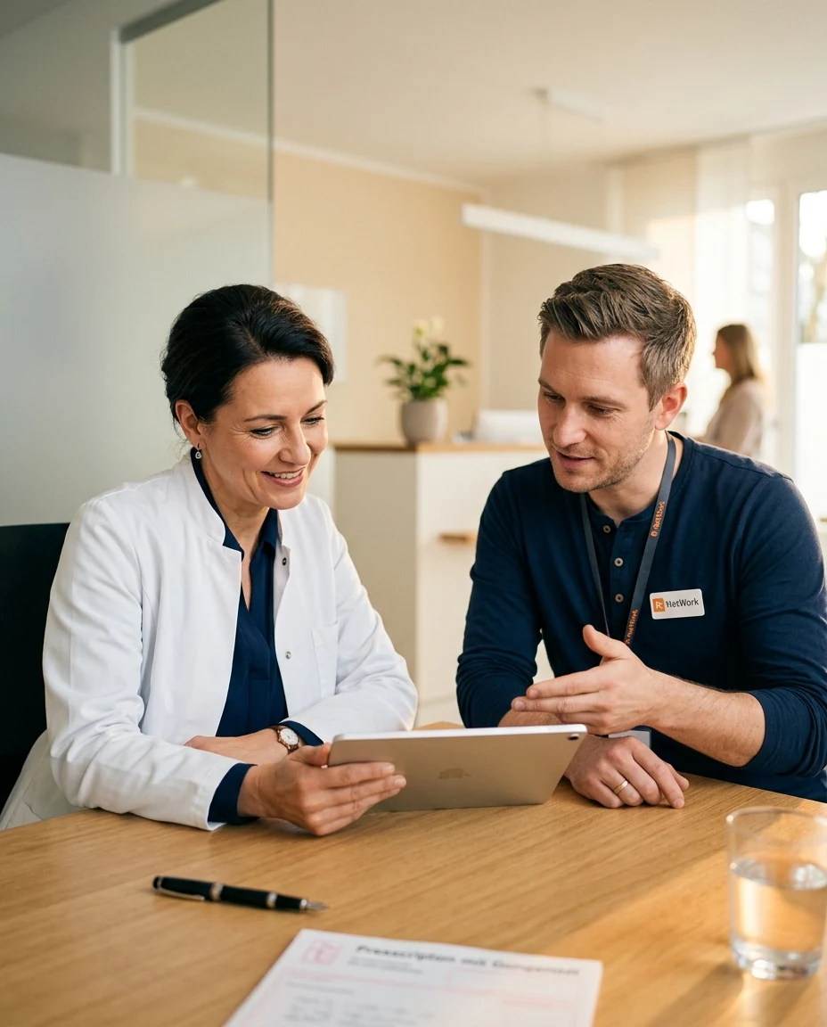 R-NetWork IT-Berater in Beratungs-Termin mit Ärztin — moderne Praxis-IT-Beratung